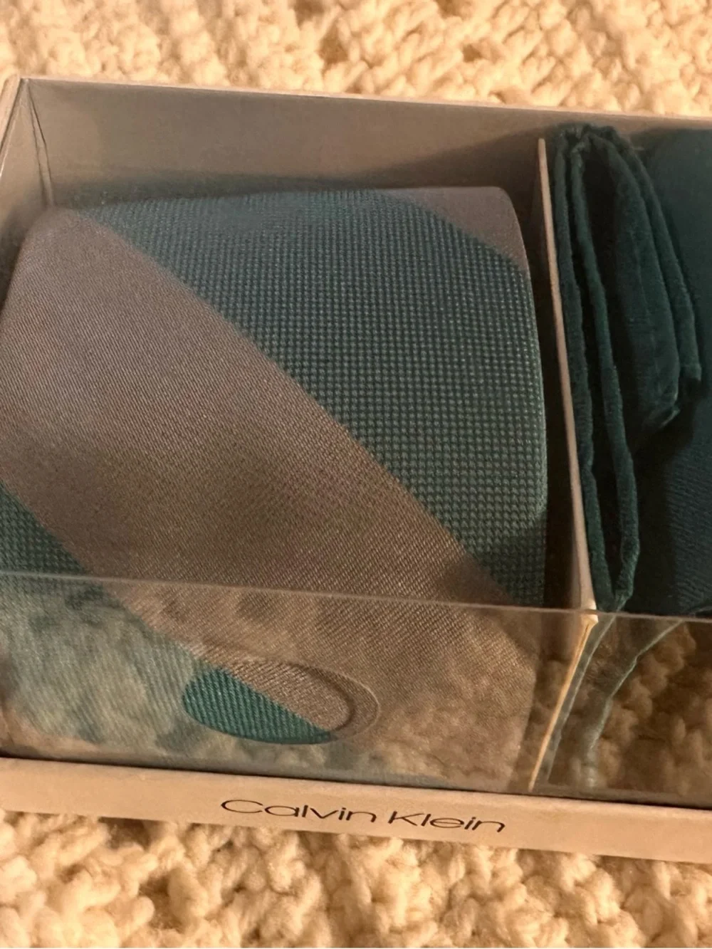Calvin Klein Teal & Gray Tie and Teal Pocket Square Set - Picture 2 of 4
